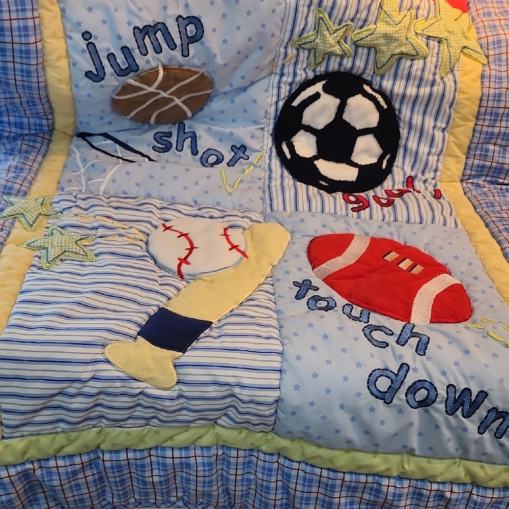 Blue and Yellow Sports Quilt with Playful Designs